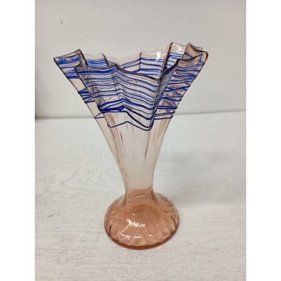 VTG Bohemian Hand Blown Art Glass Vase Pink Blue Flare Rim MCM Czechoslovakia - Picture 5 of 11